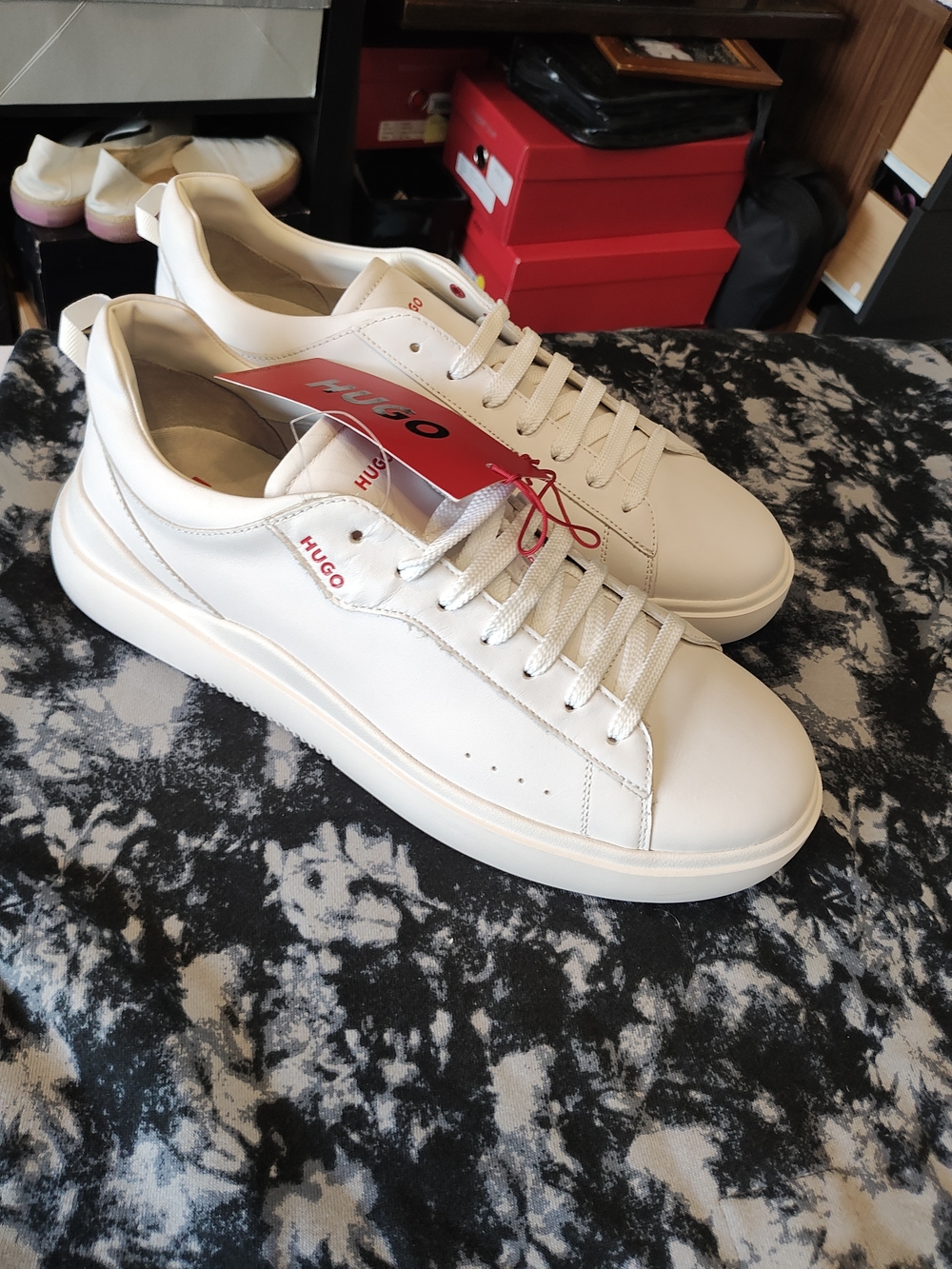 HUGO White Leather Low-Top Sneakers with Red Logo Detail 12